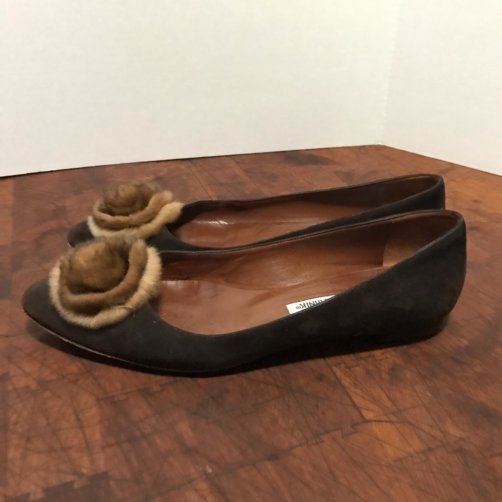 Manolo Blahnik suede & mink flats
